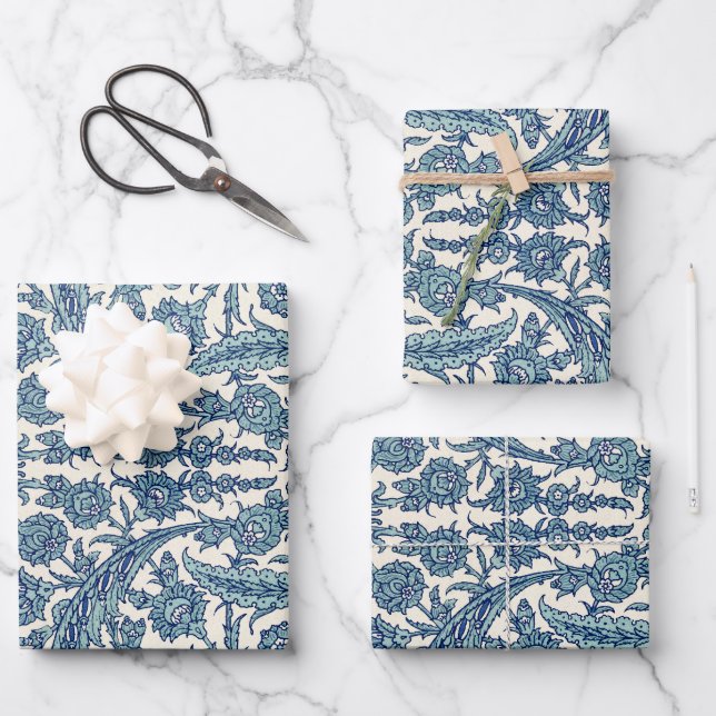 Blue Ornate Floral Arabic Pattern Wrapping Paper Sheet (Front)