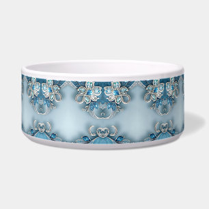 Blue Ornate Floral Ceramic Pet Bowl