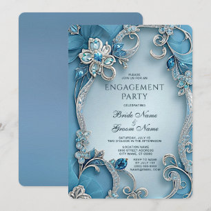 Blue Ornate Floral Engagement Invitation