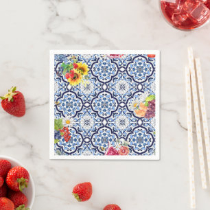 Blue Ornate Floral Fruity Berries Sicilian Tiles Napkin