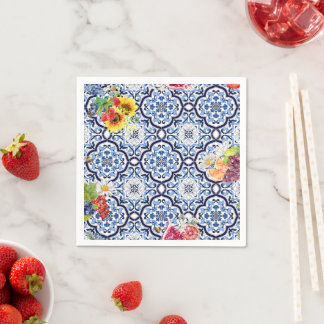 Blue Ornate Floral Fruity Berries Sicilian Tiles Napkin