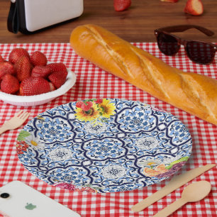 Blue Ornate Floral Fruity Berries Sicilian Tiles Paper Plate