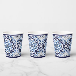 Blue Ornate Floral Mediterranean Sicilian Tile Paper Cups