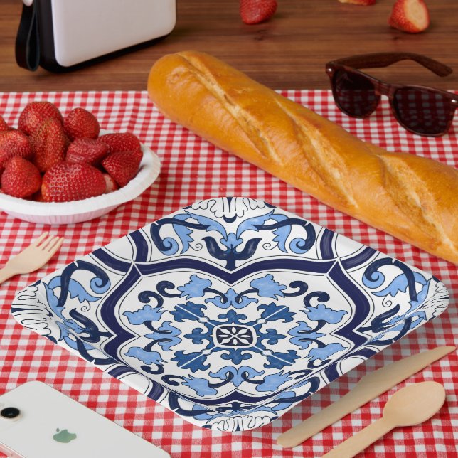  Blue Ornate Floral Mediterranean Sicilian Tile Paper Plate (Picnic)
