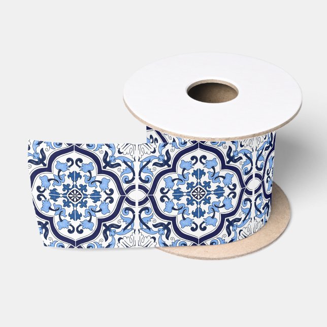  Blue Ornate Floral Mediterranean Sicilian Tile Satin Ribbon (Spool)