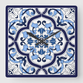 Blue Ornate Floral Mediterranean Sicilian Tile Square Wall Clock