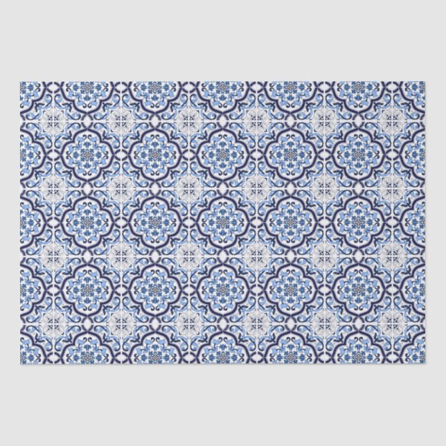  Blue Ornate Floral Mediterranean Sicilian Tile Tissue Paper (Front)