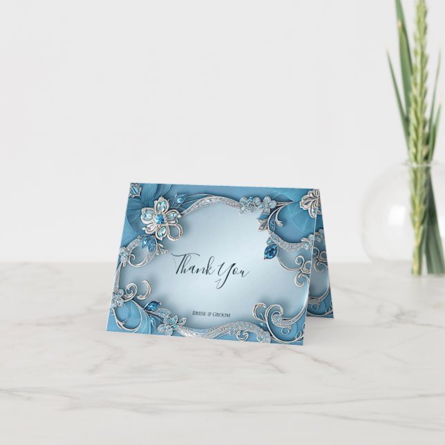 Blue Ornate Floral Thank You Card (Front)