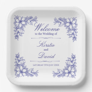 Blue Ornate Floral Wedding Paper Plates