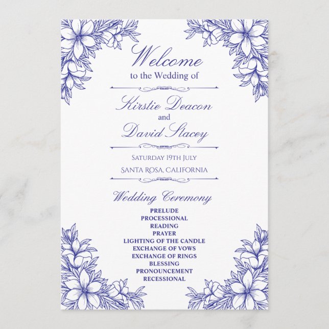 Blue Ornate Floral Wedding Program (Front)