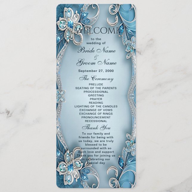 Blue Ornate Floral Wedding Program (Front)