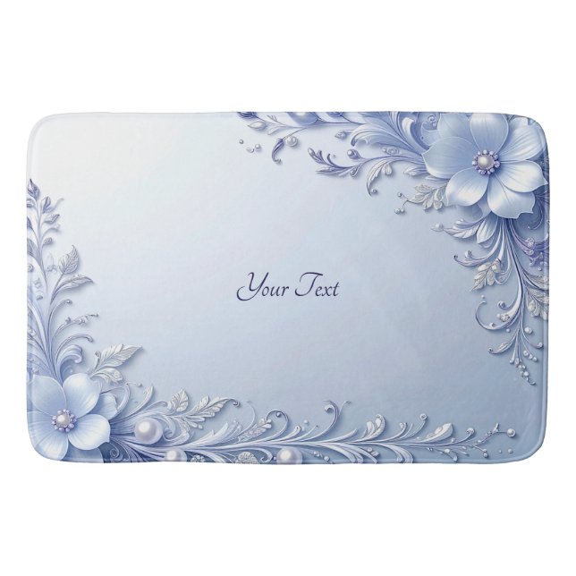 Blue Ornate Flowers with Pearls Bath Mat (Front)