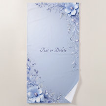 Blue Ornate Flowers with Pearls Beach Towel
