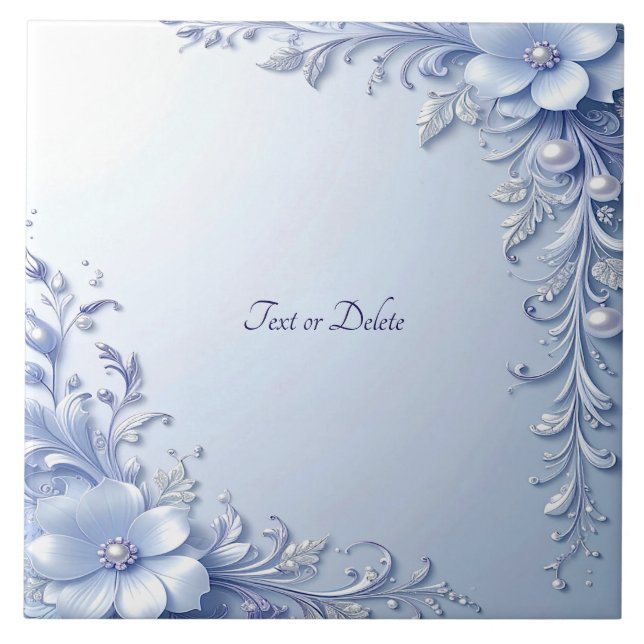 Blue Ornate Flowers with Pearls Ceramic Tile (Front)