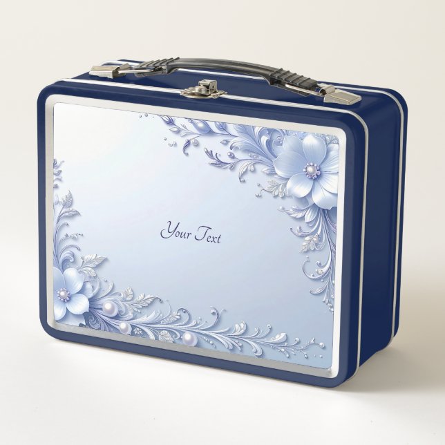 Blue Ornate Flowers with Pearls Lunch box (Front)