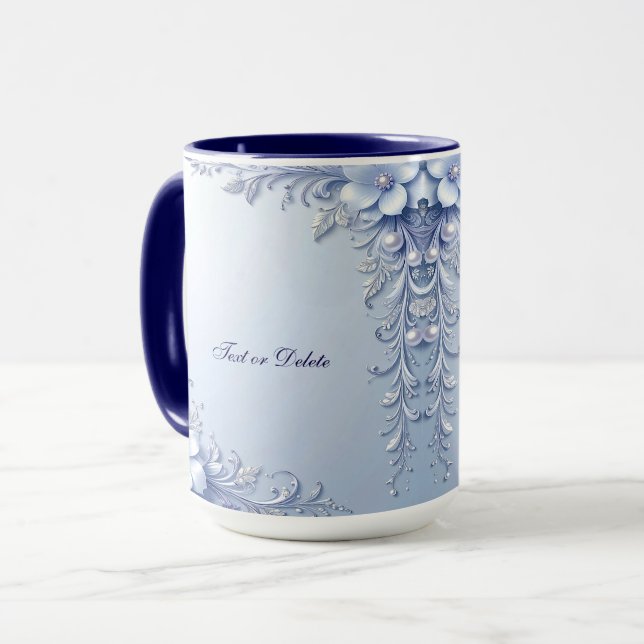 Blue Ornate Flowers with Pearls Mug (Front Left)