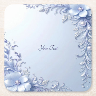 Blue Ornate Flowers with Pearls Paper Coaster