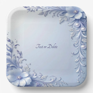Blue Ornate Flowers with Pearls Paper Plate