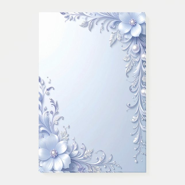 Blue Ornate Flowers with Pearls Post it Notes (Front)