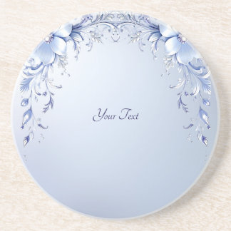 Blue Ornate Flowers with Pearls Sandstone Coaster