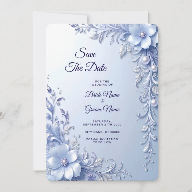 Blue Ornate Flowers with Pearls Save The Date (Front)