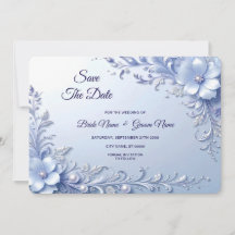 Blue Ornate Flowers with Pearls Save The Date