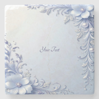 Blue Ornate Flowers with Pearls Stone Coaster