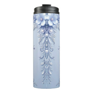 Blue Ornate Flowers with Pearls Thermal Tumbler