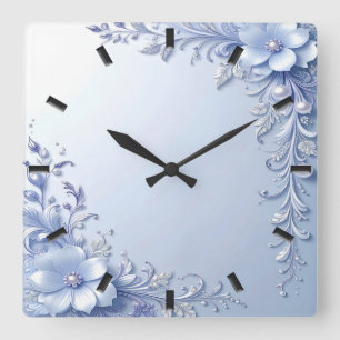 Blue Ornate Flowers with Pearls Wall Clock