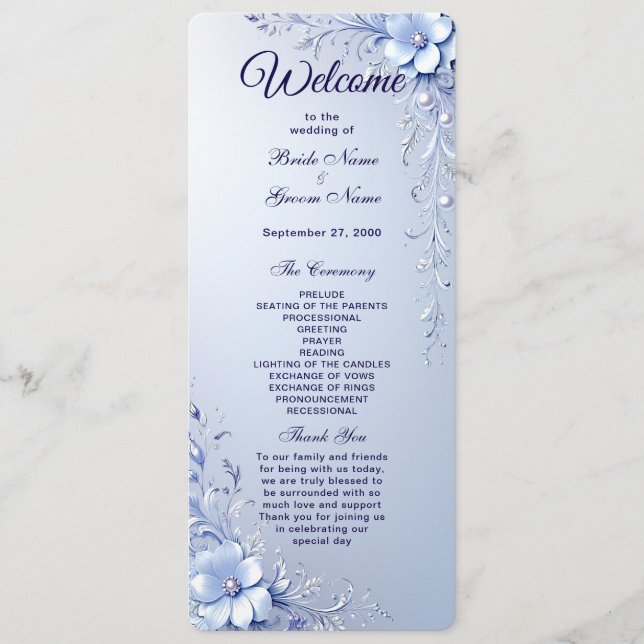 Blue Ornate Flowers with Pearls Wedding Program (Front)