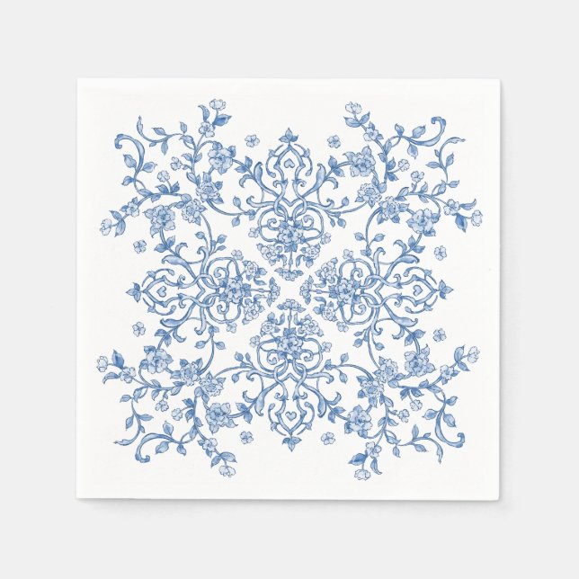 Blue Ornate Grace Victorian Boho Floral Wedding Napkin (Front)