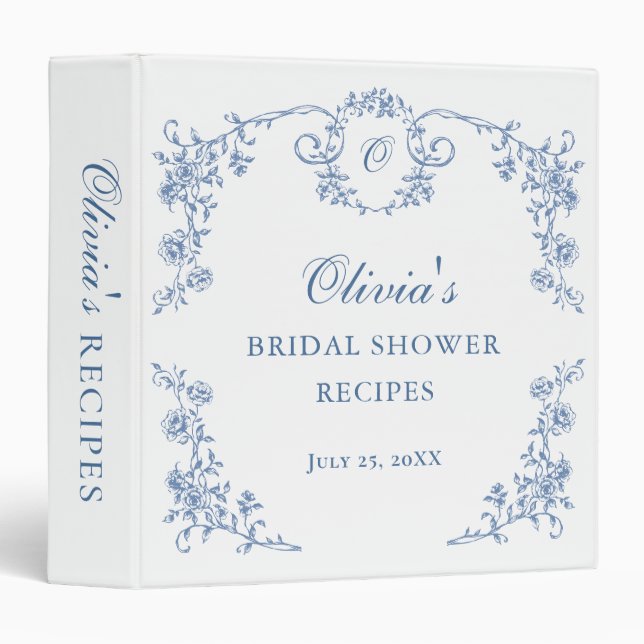 Blue Ornate Grace Victorian Bridal Shower Recipe Binder (Front/Spine)