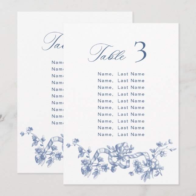 Blue Ornate Grace Victorian Seating Chart Card (Front/Back)