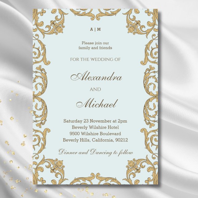 Blue Ornate Monogram Baroque Vintage Wedding  Invitation (Creator Uploaded)