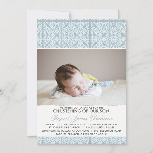 Blue Ornate Pattern Photo Christening Invitation (Front)