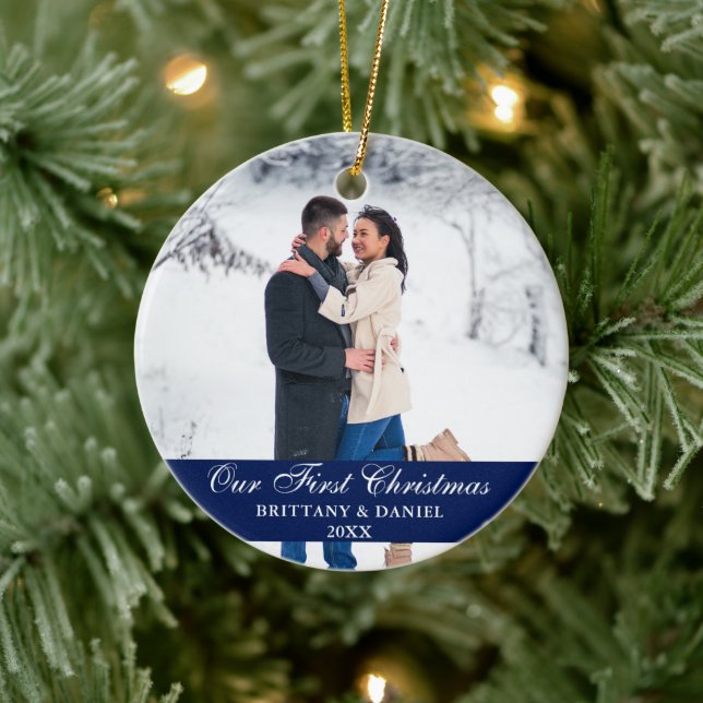 Blue Our First Christmas Couple Photo Ceramic Ornament (Tree)