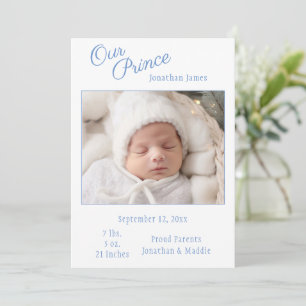 Blue Our Prince Photo Boy Baby Faire-part de naiss
