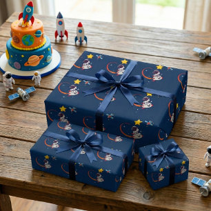 Blue Outer Space Astronaut Rocket Wrapping Paper