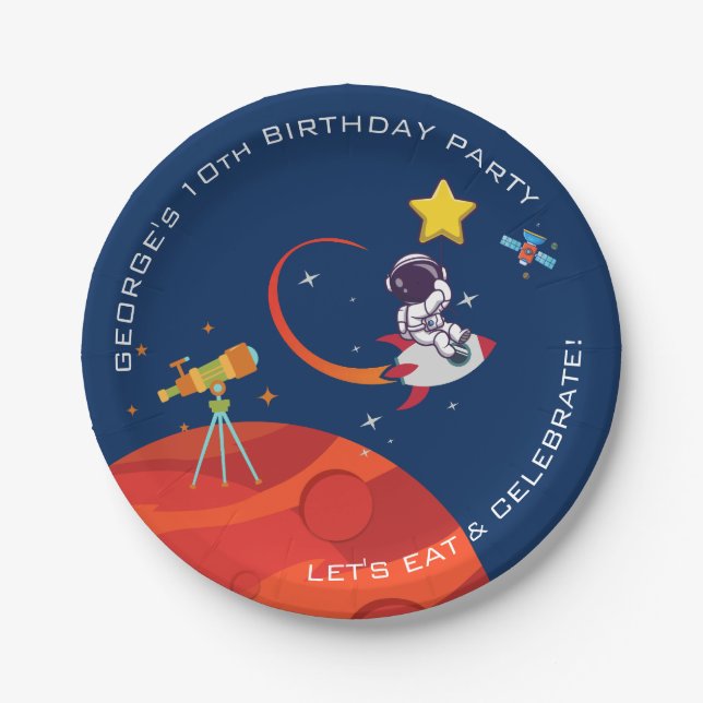Blue Outer Space Astronaut Rocketship Birthday Paper Plate (Front)