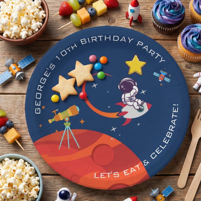 Blue Outer Space Astronaut Rocketship Birthday Paper Plate (Creator Uploaded)