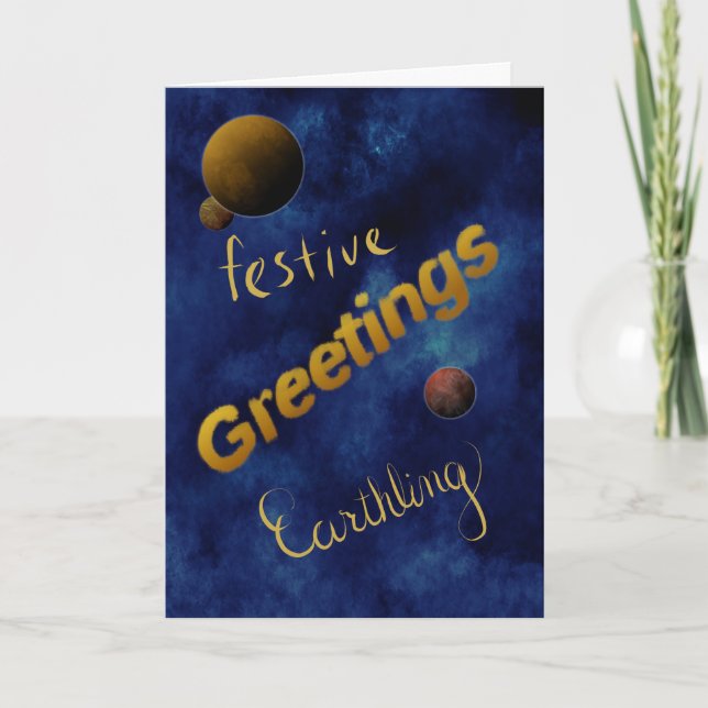 Blue Outer Space Greetings, Funny Christmas Card (Front)