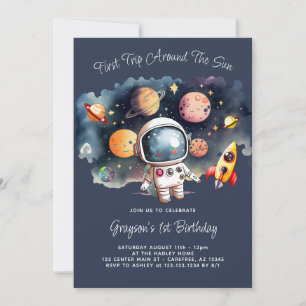 Blue Outer Space Planets 1st Birthday Invitation