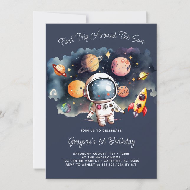 Blue Outer Space Planets 1st Birthday Invitation (Front)