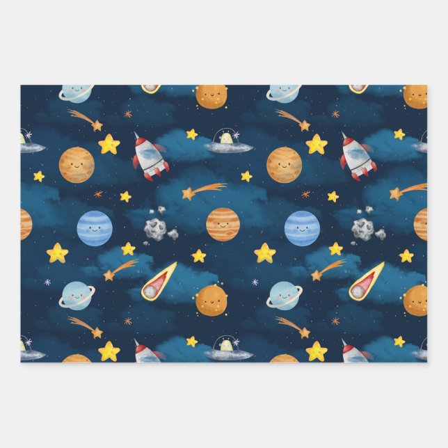  Blue Outer Space Planets Seamless Pattern Wrapping Paper Sheet (Front)