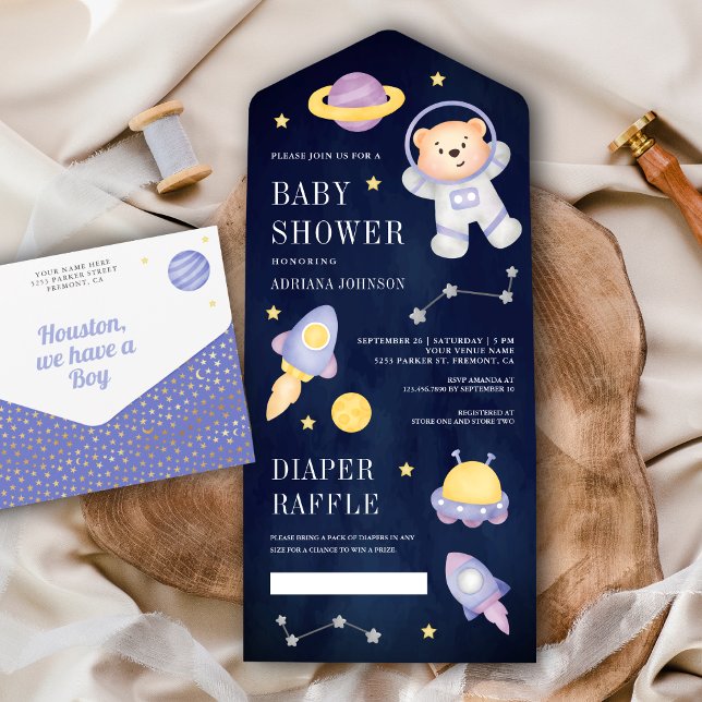 Blue Outer Space Teddy Bear Astronaut Baby Shower All In One Invitation (Creator Uploaded)
