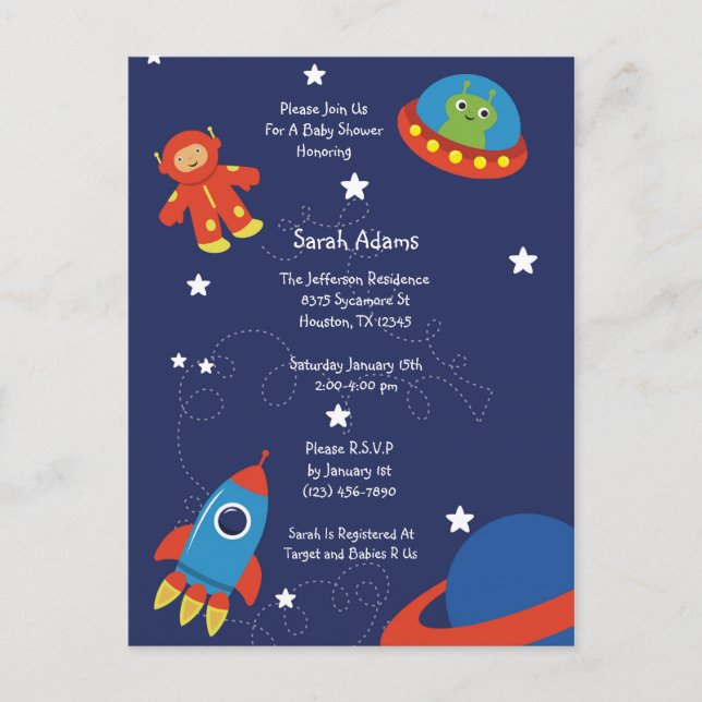 Blue Outer Space UFO Baby Shower Postcard (Front)