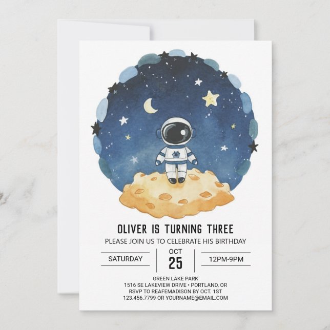 Blue Outerspace Modern Astronaut Boy Birthday Invitation (Front)