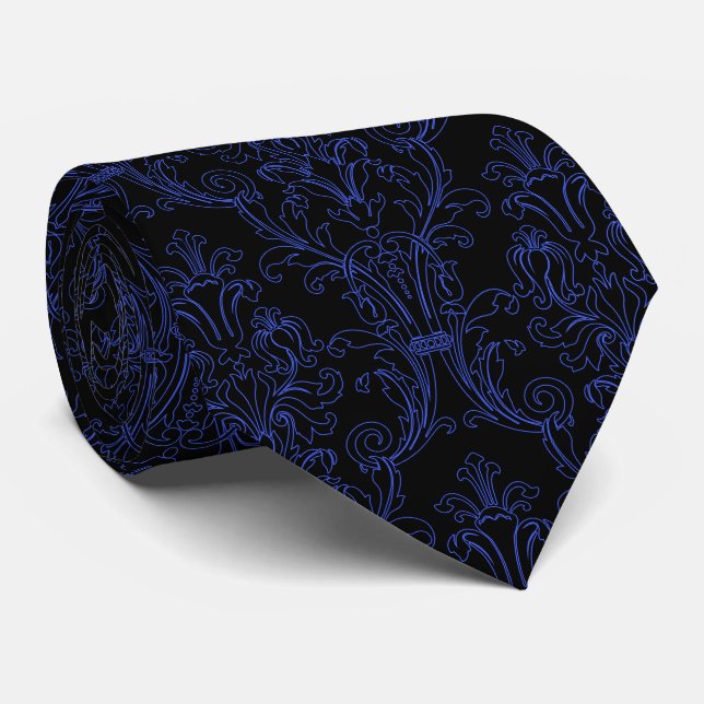 Blue Outline Black Damask Wedding Tie (Rolled)