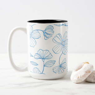 Blue Outlined Modern Floral Elegance Motif Two-Tone Coffee Mug