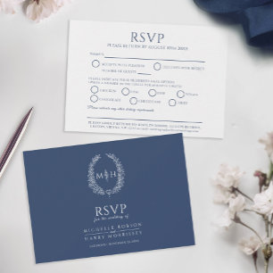Blue oval leaf monogram meal option wedding event RSVP card